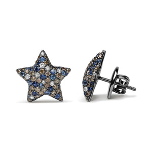 Black Rhodium Plated 18K White Gold 1.00 Cttw Diamond and Round Blue Sapphire Gemstone Micro-Pave Star Stud Earrings (Brown and G-H Color, SI1-SI2 Clarity) Rieworkes