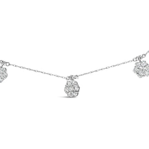 10K White Gold 3.0 Cttw Round - Cut Diamond 7 Stone Cluster Station Necklace (H - I Color, I1 - I2 Clarity) - 18" - Rieworkes