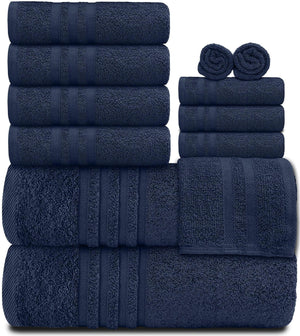 12 Pcs Bath Towel Set for Bathroom Wealuxe Collection 100% Cotton Soft Navy Blue - Rieworkes