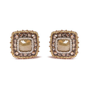 14K Rose Gold 5 7/8 Cttw Fancy Color Rose Cut Diamond Cushion Shape Triple Halo Stud Earring (Fancy Color, I2 - I3 Clarity) - Rieworkes