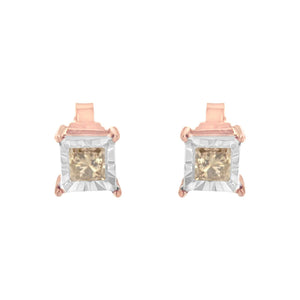 14K Rose Gold Plated Two - Tone .925 Sterling Silver 1/2 Cttw Princess - Cut Square Diamond Solitaire Miracle - Plate Stud Earrings (K - L Color, I2 - I3 Clarity) - Rieworkes