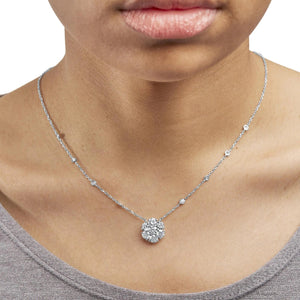14K White Gold 3.0 Cttw Lab Grown Diamond Floral Cluster and Station 18" Pendant Necklace (G - H Color, VS2 - SI1 Clarity) - Rieworkes