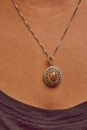 14K White Gold 3.00 Cttw Rose Cut Fancy Colored Diamond Triple Halo 18" Inch Pendant Necklace (Fancy Color, I2 - I3 Clarity) - Rieworkes
