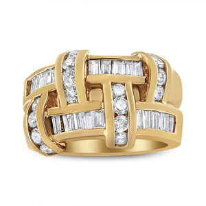14K Yellow Gold 1 5/8 Cttw Round and Baguette Diamond Lattice Grid Design Ring Band (H - I Color, VS2 - SI1 Clarity) - Ring Size 6 - Rieworkes