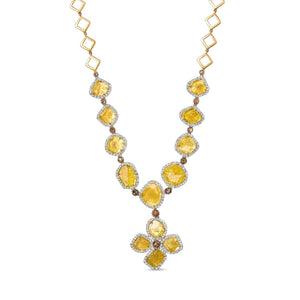 14K Yellow Gold 16 7/8 Cttw Fancy Yellow Rose Cut Diamond 16" Collar Necklace with 4 Leaf Clover Drop (Fancy Yellow/I - J Color, I1 - I2 Clarity) - Rieworkes