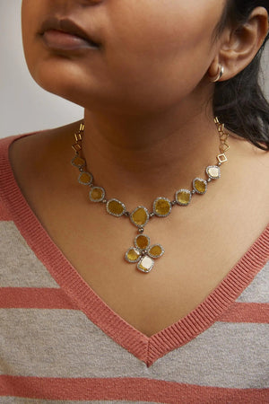 14K Yellow Gold 16 7/8 Cttw Fancy Yellow Rose Cut Diamond 16" Collar Necklace with 4 Leaf Clover Drop (Fancy Yellow/I - J Color, I1 - I2 Clarity) - Rieworkes