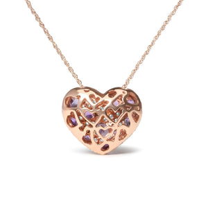 18K Rose Gold 3/4 Cttw Diamond and Purple Amethyst Cluster Heart Shape 18" Pendant Necklace (G - H Color, SI1 - SI2 Clarity) - Rieworkes