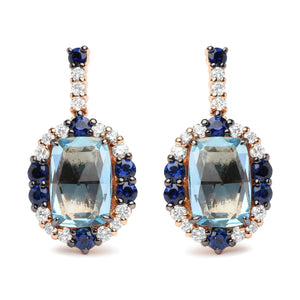 18K White and Rose Gold and 3/4 Cttw Diamond with Round Blue Sapphire and 13x8mm Cushion Cut Sky Blue Topaz Gemstone Cluster Dangle Earrings (G - H Color, SI1 - SI2 Clarity) - Rieworkes
