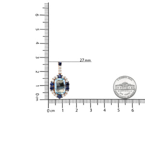 18K White and Rose Gold and 3/4 Cttw Diamond with Round Blue Sapphire and 13x8mm Cushion Cut Sky Blue Topaz Gemstone Cluster Dangle Earrings (G - H Color, SI1 - SI2 Clarity) - Rieworkes