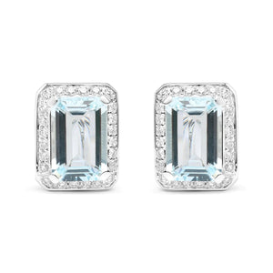 18K White Gold 3/4 Cttw Round Diamond and 13x9mm Emerald Cut Blue Aquamarine Gemstone Halo Omega Stud Earrings (G - H Color, SI1 - SI2 Clarity) - Rieworkes