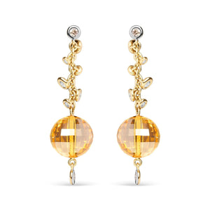 18K Yellow Gold 2/3 Cttw Round Bezel Diamond and 25mm Ball Shaped Yellow Citrine Gemstone Dangle Stud Earring (Brown and G - H Color, SI1 - SI2 Clarity) - Rieworkes