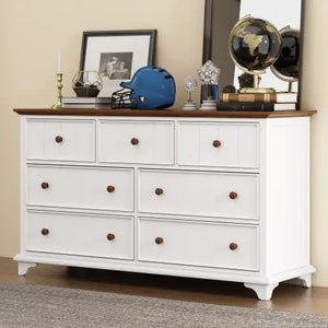 Wooden Captain Seven-Drawer Dresser For Bedroom, Living Room, Kids' Room, White Walnut Rieworkes