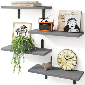 Fixwal Grey Floating Shelves for Wall 4 Sets Wood Shelves Farmhouse Wall Shelf Wall Mounted Floating Shelves for Bedroom Decor Bathroom Storage Book Shelf for Wall - Grey Mimarta