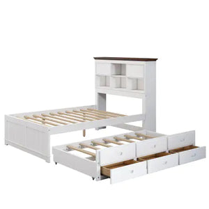 Solid Pine Captain Bookcase Bed With Trundle Bed And 3 Spacious Under Bed Drawers In Casual,Full, White Walnut Rieworkes