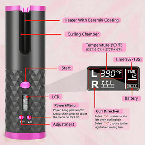 Hair Curler LCD Cordless Auto Rotating Waver Curling Iron Ceramic Wireless USA Rieworkes
