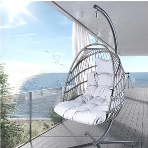 Swing Egg Chair With Stand Indoor And Outdoor Rattan Patio Basket Sling Chair With C-bracket, Patio Wicker Folding Sling Chair Rieworkes