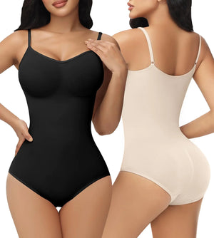 SHAPSHE 2 Pack Bodysuits for Women Shapewear Plus Size One Piece Workout Waist Snatching Bodysuit Fupa Tummy Control Back Fat Shapewear Lower Belly Booty Lifting V Neck Body Shaper Black Cream Mimarta