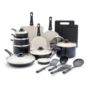 GreenLife Soft Grip Healthy Ceramic Nonstick 23 Piece Kitchen Cookware Pots and Frying Sauce Saute Pans Set with Kitchen Utensils PFAS-Free Dishwasher Safe Black Rieworkes