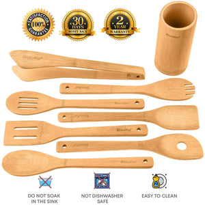 Bamboo Kitchen Utensils Set 8-Pack - Wooden Cooking Utensils for Nonstick Cookware - Wooden Cooking Spoons, Spatulas, Turner, Tongs, Utensil Holder Rieworkes