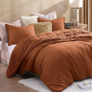 WRENSONGE King Size Comforter Set Burnt Orange Ultra Soft Fuzzy Sherpa Fleece Comforter 3 Pieces Backing Reversible Washed Comforter King Size Plush Sherpa Comforter King for Winter Autumn Rieworkes