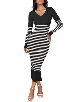 ZESICA Womens Fall Striped Sweater Dress Long Sleeve V Neck Slim Fit Slit Ribbed Knit Bodycon Midi Dresses Black Mimarta