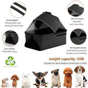 2 In 1 Folding Dog Stroller, Pet Folding Stroller, 4 Wheels Dog Cat Puppy Stroller W Removable Travel Carrier For Small Medium Pet, Waterproof Pad, Car Seat, Sun Shade, Xmas Christmas Gift Rieworkes