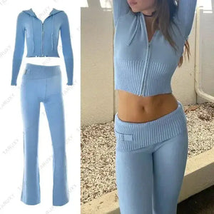 Knitted Hoodie Cropped Top And Pants Set Rieworkes