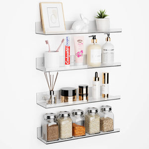Set of 4 Acrylic Shelves for Wall 15" Adhesive Clear Bathroom Stroage Shelves Acrylic Wall Shelf Organizer Floating Shelves Wall Mounted Book Wall Shelves for Kids Baby (No Drill) Mimarta