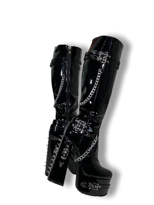 Frankie Hsu Goth Sexy Chunky Platform Knee High Heeled Boots Black Patent Silver Chain Rivets Gothic Punk Y2K Hot Girl Big Large Size Wide Calf Long Shoes For Women Men Mimarta