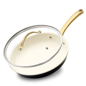 NutriChef 8-Inch Professional Ceramic Frying Pan With Lid - Small Skillet with Golden Titanium Handle Non-Stick Ceramic Coating Stain-Resistant Easy to Clean Ideal for Home Cooking Mimarta