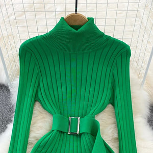 Turtleneck Sexy Wrap Hips Knitted Dresses Rieworkes