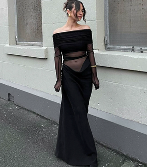 Off Shoulder Semi-Sheer Maxi Dress Long Sleeve Floor Length One-Step Dress Strapless Mesh Ruched Bodycon Dress Y2K Mimarta