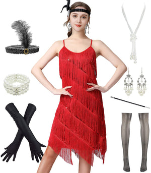 Women 1920s Gatsby Flapper Dress Sexy Open Back Strap Fringed Cocktail Party Dress with 20s Accessories (Style 6 Flapper Red Small) Mimarta