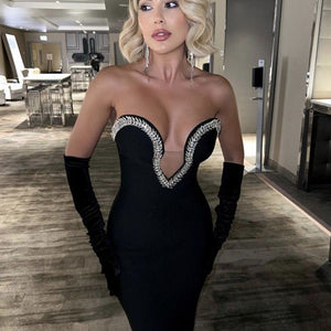 Elegant Summer Sexy V-Neck Bodycon Dress with Rhinestones Mimarta