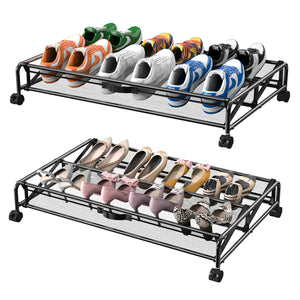 KOSIWU Under Bed Shoe Storage with Wheels 2 Pack Rolling Under Bed Storage Containers for Shoes Metal Shoe Rack Organizer Bedroom Organization Mimarta