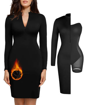 Popilush Shapewear Dress Long Sleeve Midi Dress Tummy Control Mock Neck Casual Dresses for Women Red Thermal Black Mimarta