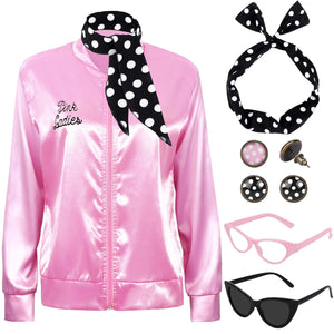 SOMSOC 1950s Pink Satin Jacket with Neck Scarf Headband Earrings Cat Eye Glasses Halloween Cosplay Costume Set for Women Girl Mimarta