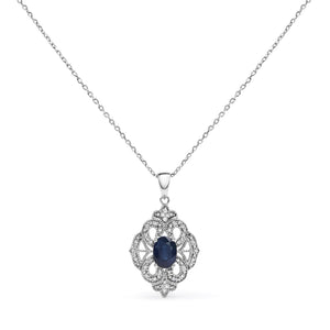 .925 Sterling Silver 7x5 MM Oval Blue Sapphire and Diamond Accent Art Deco Style Shield Shaped 18" Pendant Necklace (I - J Color, I3 Clarity) - Rieworkes