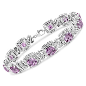 .925 Sterling Silver 7x7 mm Cushion Cut Purple Amethyst and 1/10 cttw Round Cut Diamond Square Shape Tennis Bracelet (I - J Color, I1 - I2 Clarity) - 7" - Rieworkes