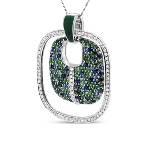 .925 Sterling Silver Green Enamel Pendant with 1/2 Cttw Diamond, Sapphire, and Tsavorite Openwork Statement 18" Pendant Necklace (F - G Color, VS1 - VS2 Clarity) - Rieworkes