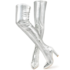 Wsheliu Silver Thigh High Boots Women Chunky Heel Over The Knee Boots Stretchy Tall Boots Sexy Pointed Toe Fashion GOGO Boots Knee High Boots Prom Party Silver US 6 Mimarta