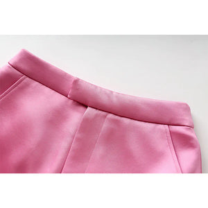 Fashionable Pink Satin Suit Jacket and Skirt Set Mimarta