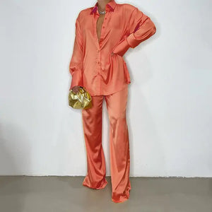 Loose Stripe Pants Set Elegant Long Sleeve Top Rieworkes