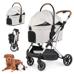 Beberoad Pets T6 Luxury Pet Stroller for Medium Dog Under 66lbs or 2 Small Dogs & Cats Foldable and Carrier -Detachable (Beige) Rieworkes