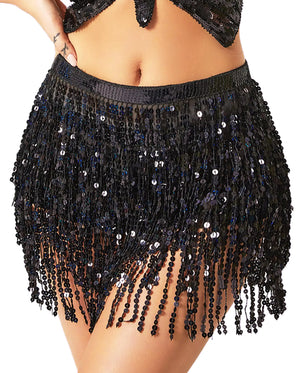 Black Sequin Tassel Skirt Wrap Skirt Belly Dance Sparkling Skirts Fringe Hip Scarf for Festival Mimarta