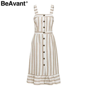 BeAvant Casual striped linen cotton dress women Button strap beach summer dress 2019 Sexy backless midi ladies dresses vestidos Rieworkes