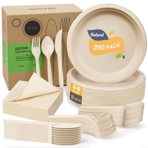 Gezond 250pcs Disposable Paper Plates Set Compostable Party Supplies Biodegradable Dinnerware Include Paper Plates Cocktail Napkins Utensils for Party Picnic 50 Each Rieworkes