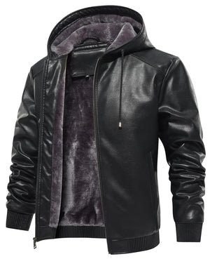 MANSDOUR Mens Faux Leather Jacket Warm Black Motorcycle Jacket Fleece Lined Leather Bomber Jacket with Hood Casual Stylish Coat Men Biker PU Leather Jacket Mimarta
