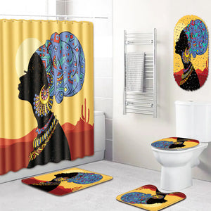 African Woman Bathroom Set with Shower Curtain and Mats Mimarta
