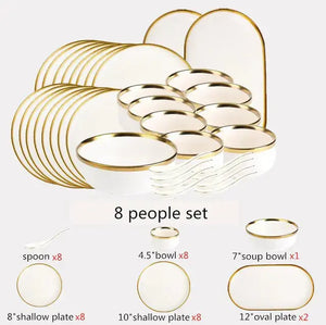 High-quality Matte Gilt Rim White Porcelain Dinner Tray Kitchen Plates Ceramic Tableware Food Dishes Rice Salad Noodles Bowl Rieworkes